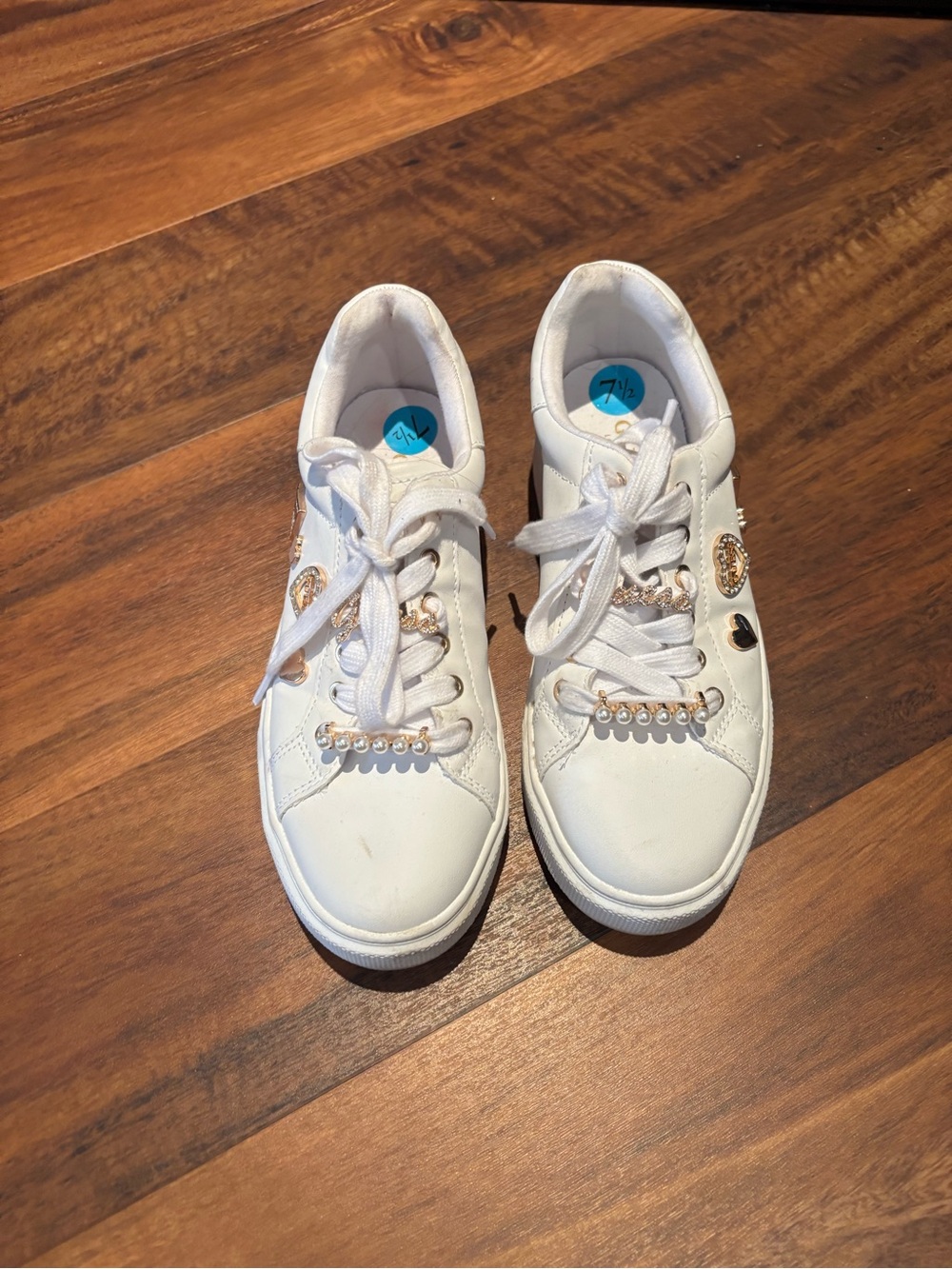 Guess White Lace-Up Sneakers with Gold Pearl & Heart Details